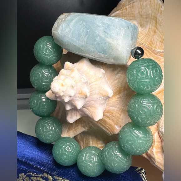 MASSIVE AQUAMARINE + JADE  AVENTURINE  NATURAL STONES BRACELET size 7” - Picture 3 of 16